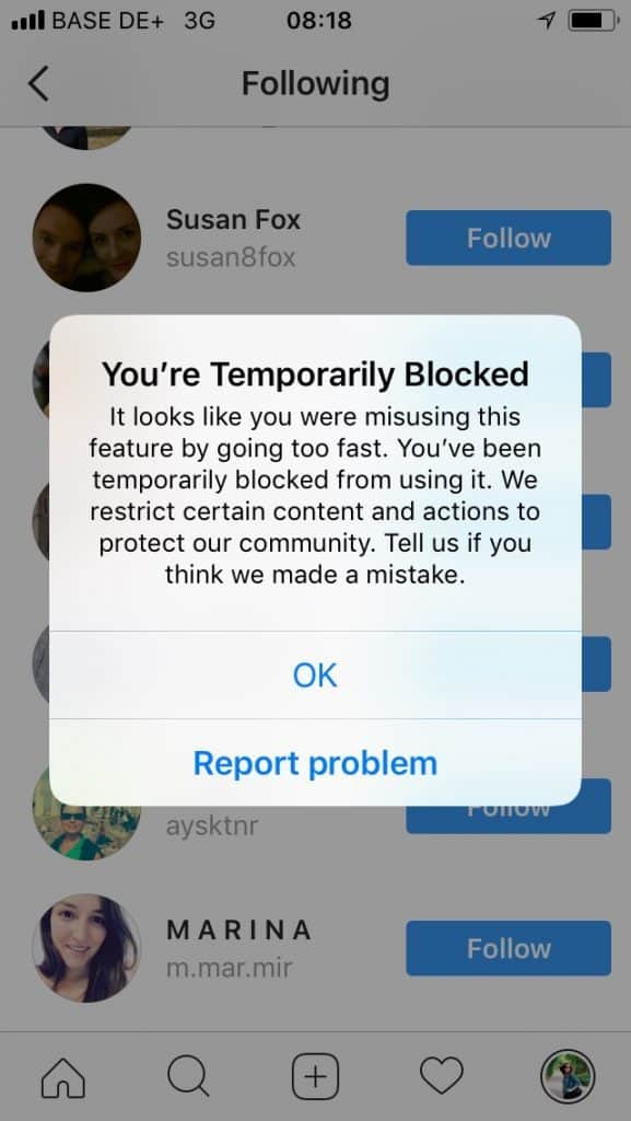 blocked from following on Instagram